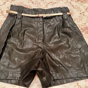 Faux Leather High-Waist Paperbag Shorts with Slim Metallic Belt